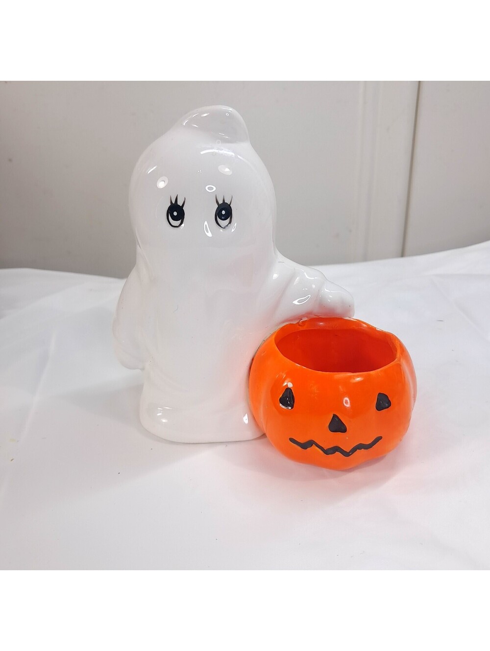 Russ Ghost Pumpkin Ceramic Candle Holder Halloween Tealight Whimsical Vintage